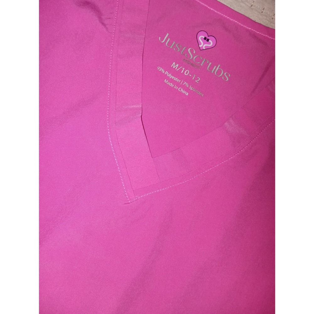 Just Scrubs Women Pink V-Neck 4-Stretch Scrub Top Short Sleeve Zipper Pocket M